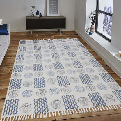 Hand Block Printed Interior Blue Cotton Dhurrie