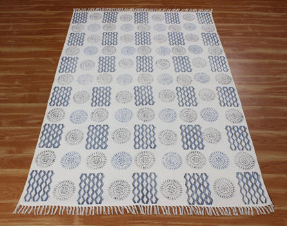 Hand Block Printed Interior Blue Cotton Dhurrie