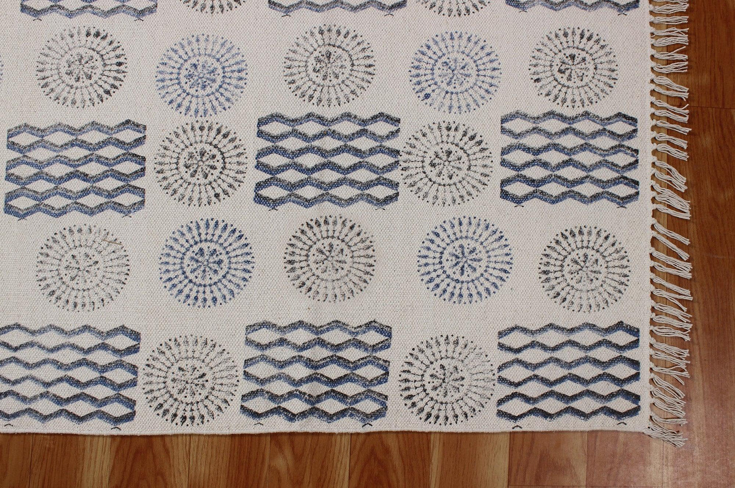 Hand Block Printed Interior Blue Cotton Dhurrie