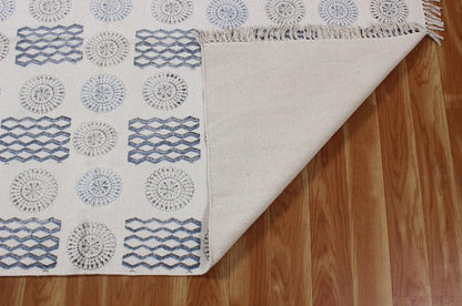 Hand Block Printed Interior Blue Cotton Dhurrie