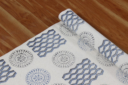 Hand Block Printed Interior Blue Cotton Dhurrie