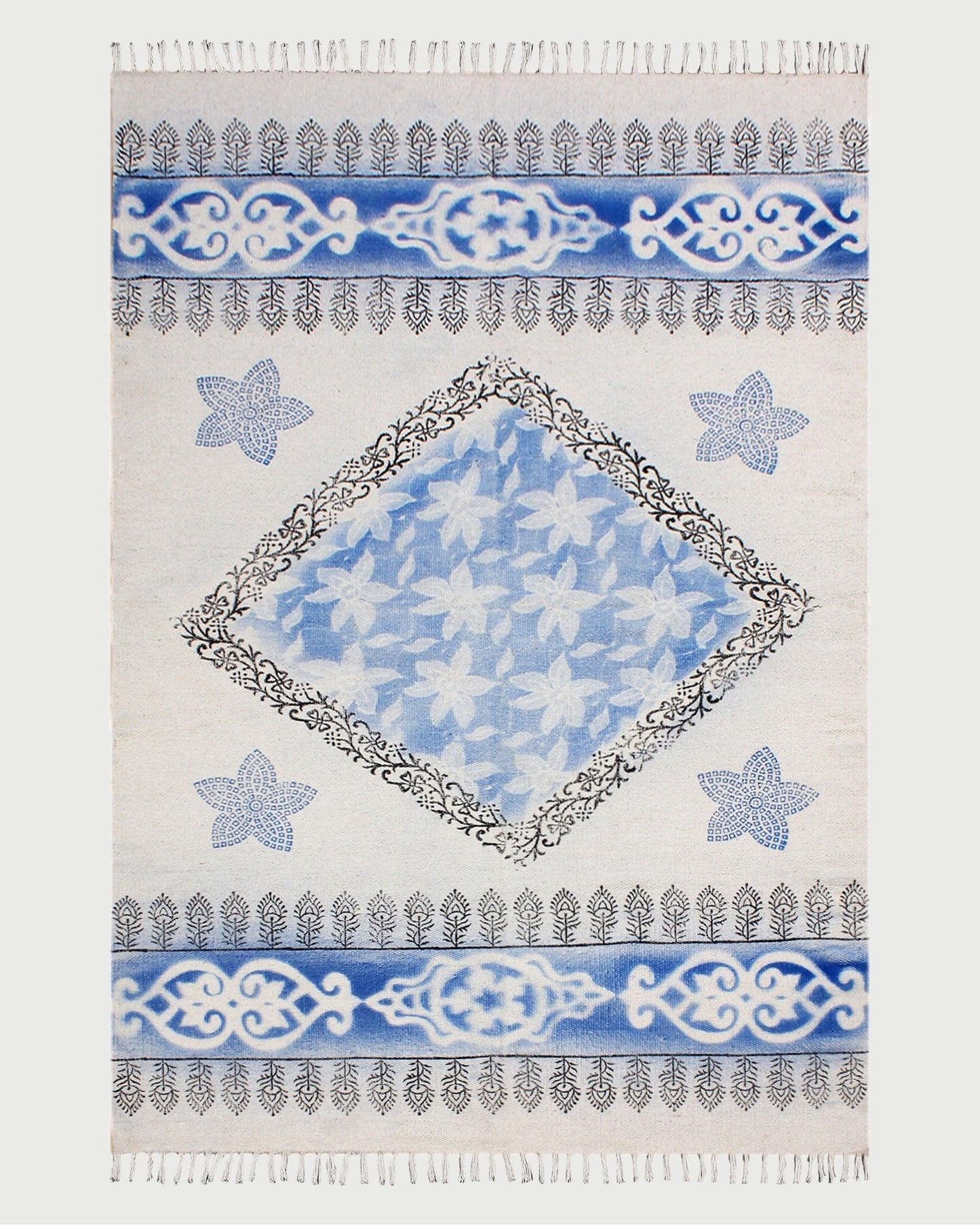 Blue Hand Block Printed Home Decor Cotton Dhurrie