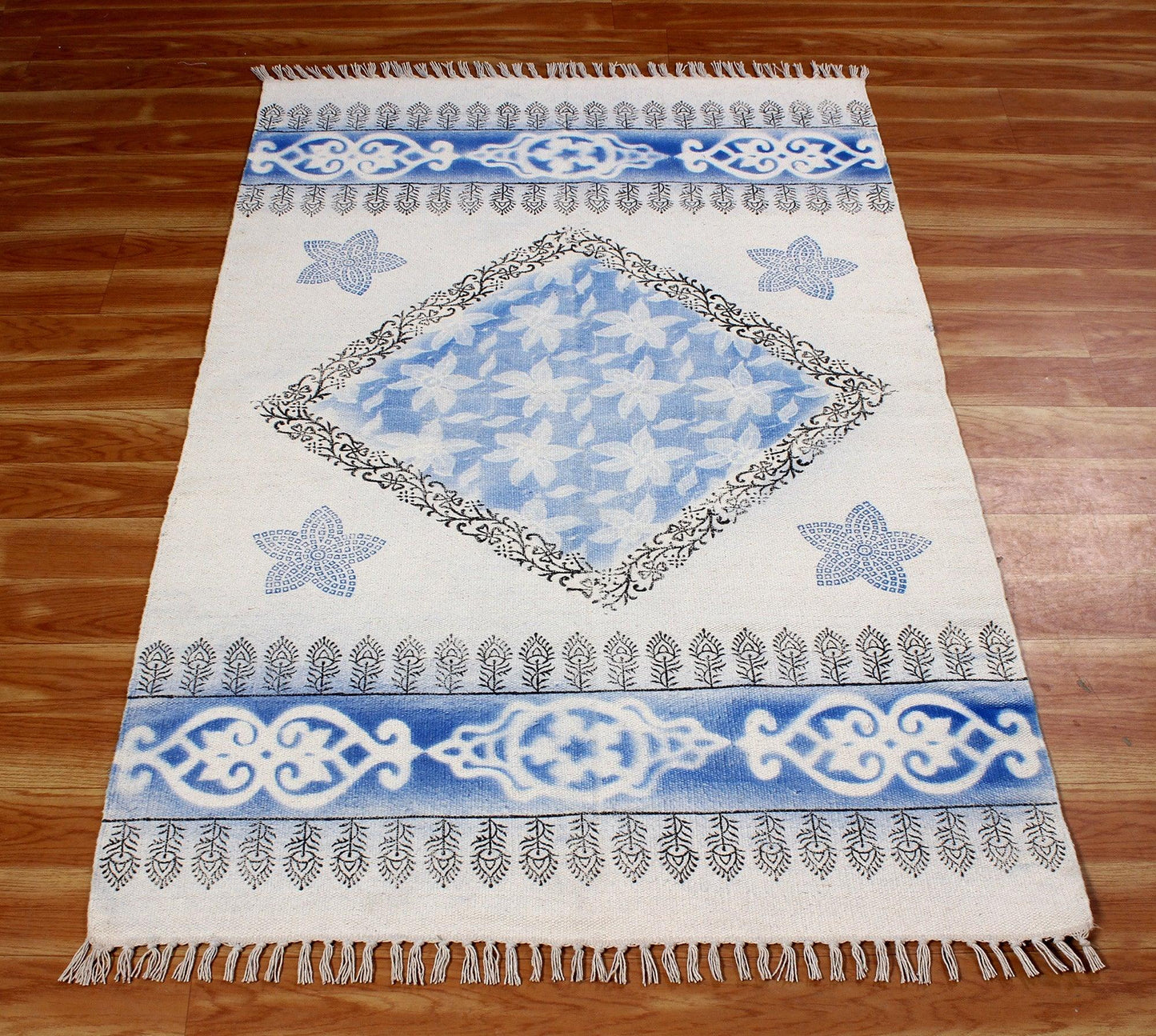 Blue Hand Block Printed Home Decor Cotton Dhurrie