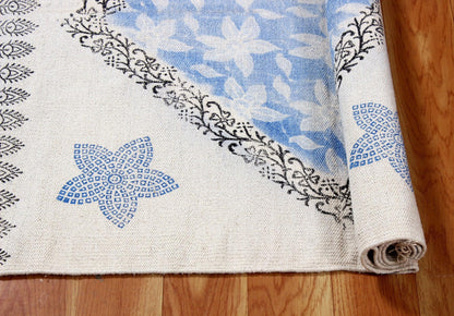 Blue Hand Block Printed Home Decor Cotton Dhurrie