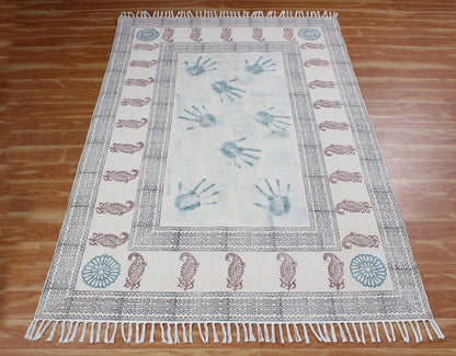 Hand Block Printed Blue Dining Room Cotton Dhurrie