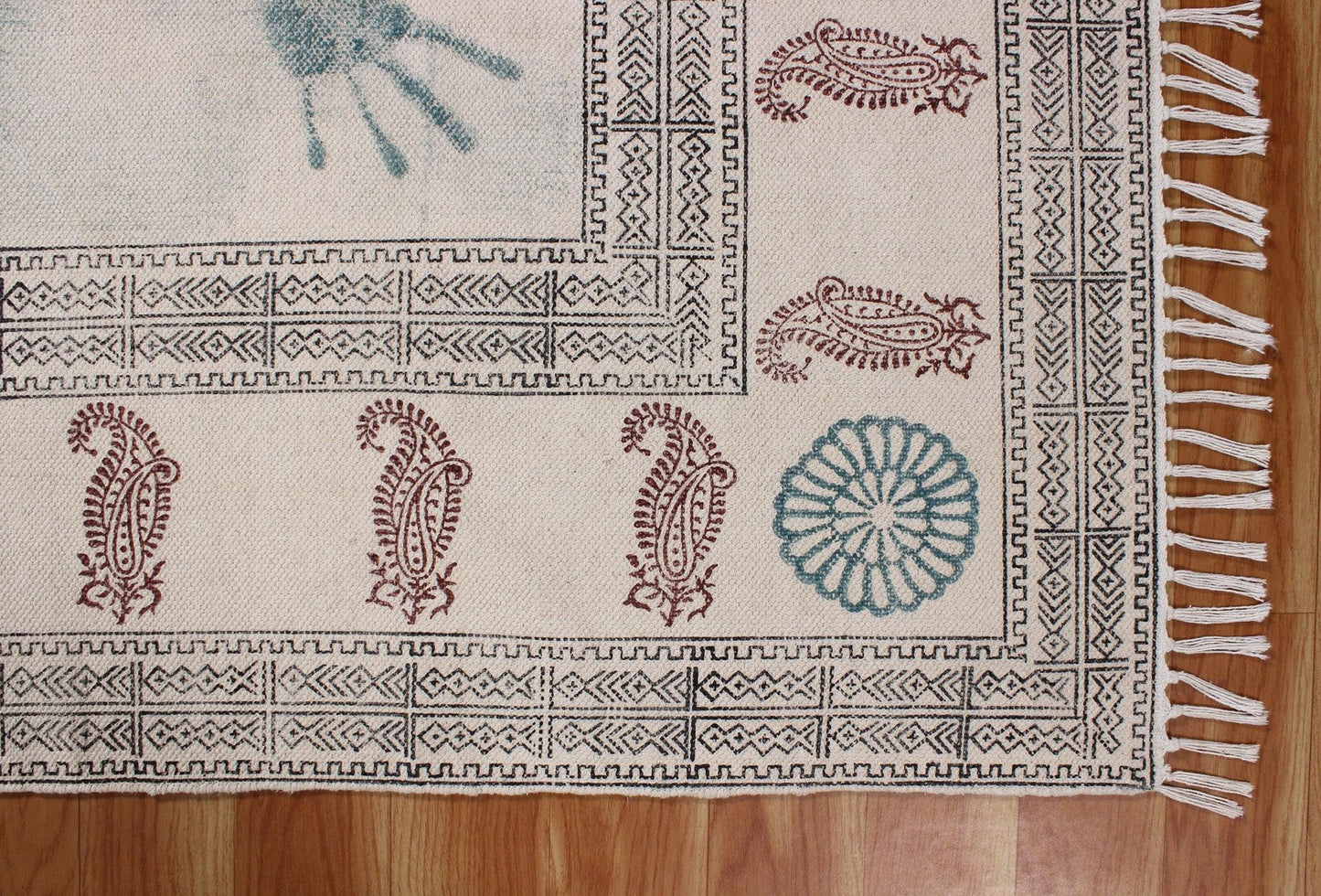 Hand Block Printed Blue Dining Room Cotton Dhurrie