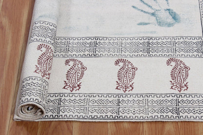 Hand Block Printed Blue Dining Room Cotton Dhurrie