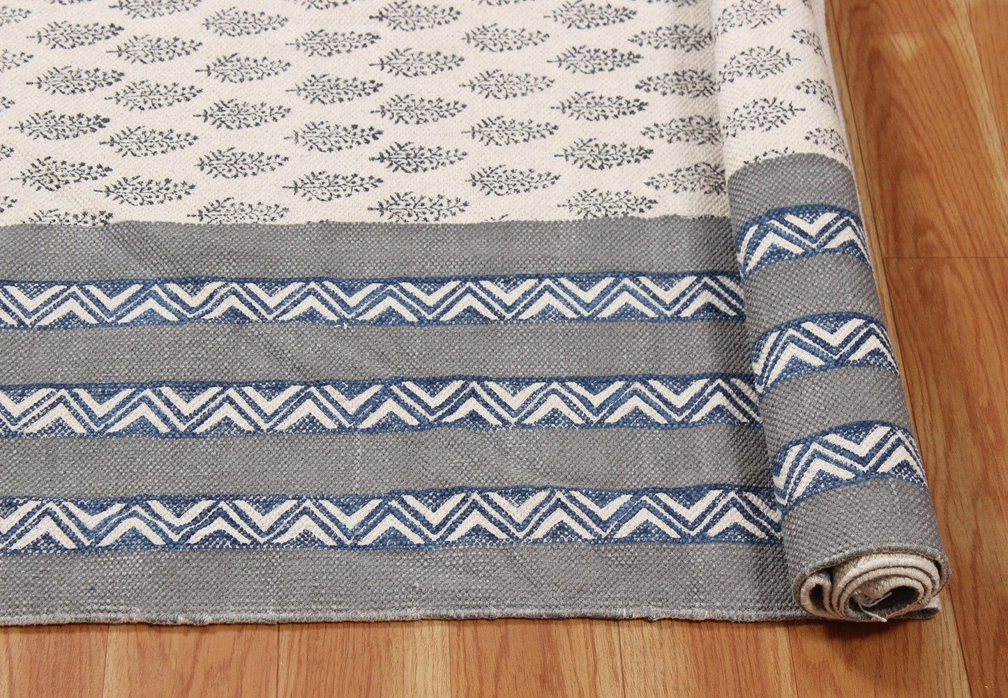 Hand Block Printed Interior Gray Cotton Dhurrie