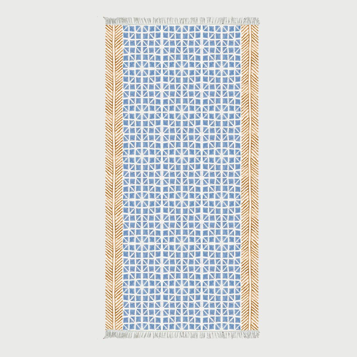 Thread Work Geometric Blue Brown Hallway Decor Cotton Dhurries - Indian Rug Store