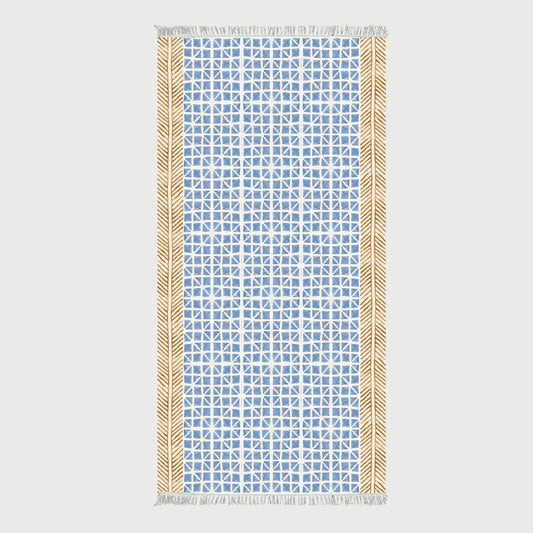 Thread Work Geometric Blue Brown Hallway Decor Cotton Dhurries - Indian Rug Store