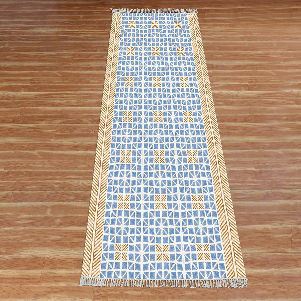 Thread Work Geometric Blue Brown Entry Way Cotton Dhurries - Indian Rug Store