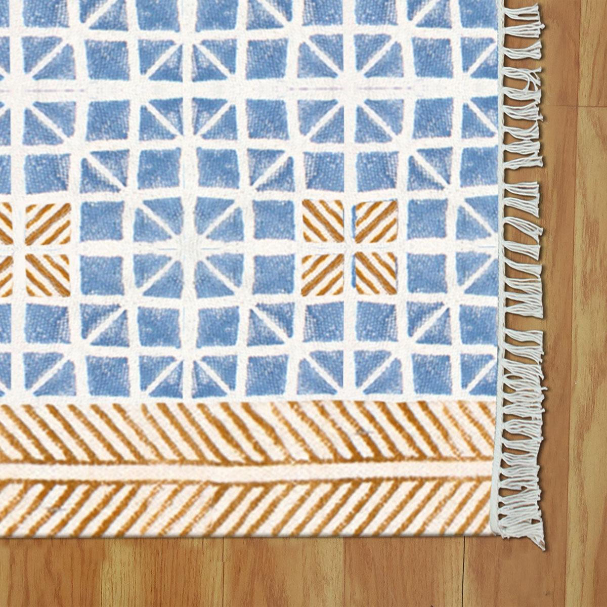 Thread Work Geometric Blue Brown Entry Way Cotton Dhurries - Indian Rug Store