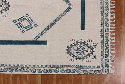 Beige Hand Block Printed Sea House Cotton Dhurries