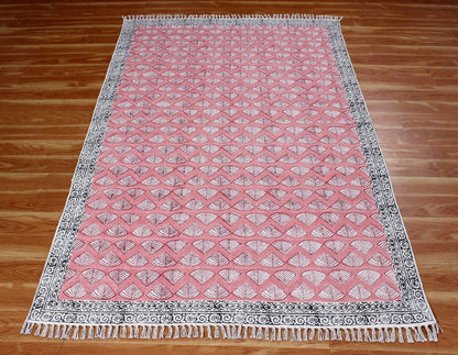 Pink Hand Block Printed Home Decor Cotton Dhurries