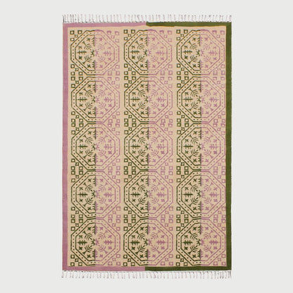 Attractive Thread Work Geometric Green Pink Home Decor Cotton Dhurries - Indian Rug Store