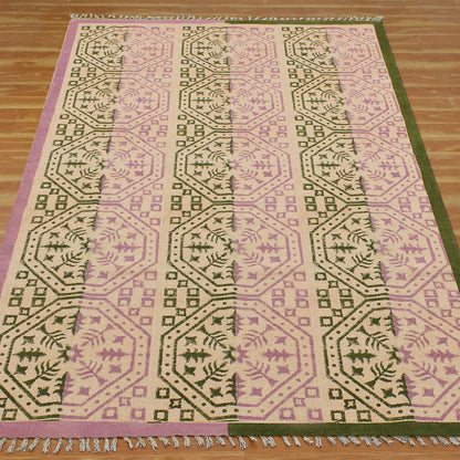 Attractive Thread Work Geometric Green Pink Home Decor Cotton Dhurries - Indian Rug Store