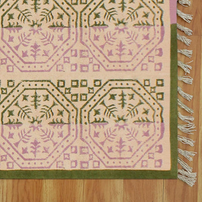 Attractive Thread Work Geometric Green Pink Home Decor Cotton Dhurries - Indian Rug Store