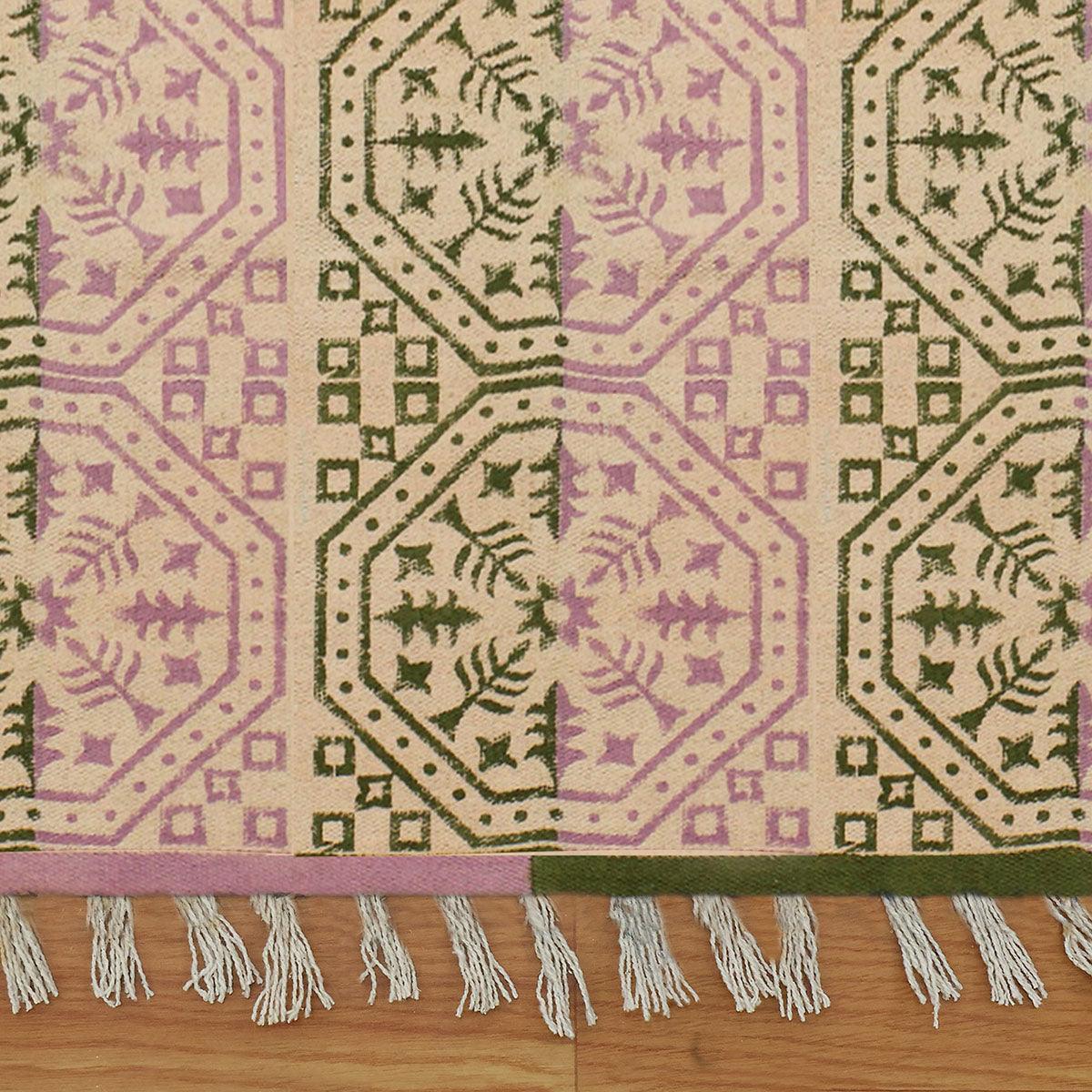 Attractive Thread Work Geometric Green Pink Home Decor Cotton Dhurries - Indian Rug Store