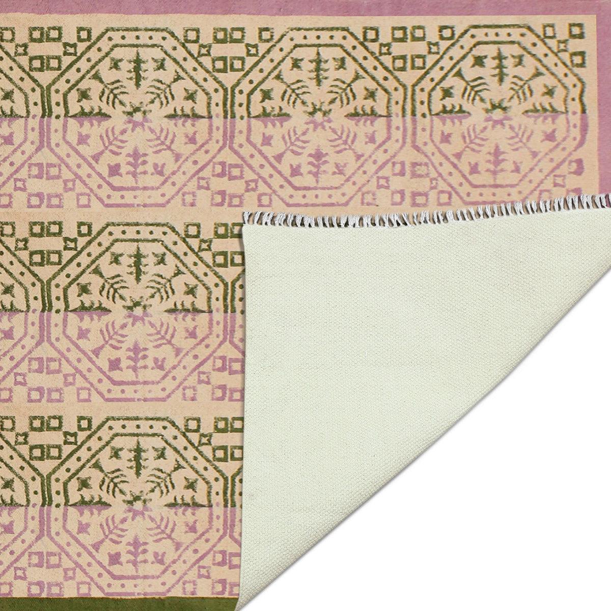 Attractive Thread Work Geometric Green Pink Home Decor Cotton Dhurries - Indian Rug Store