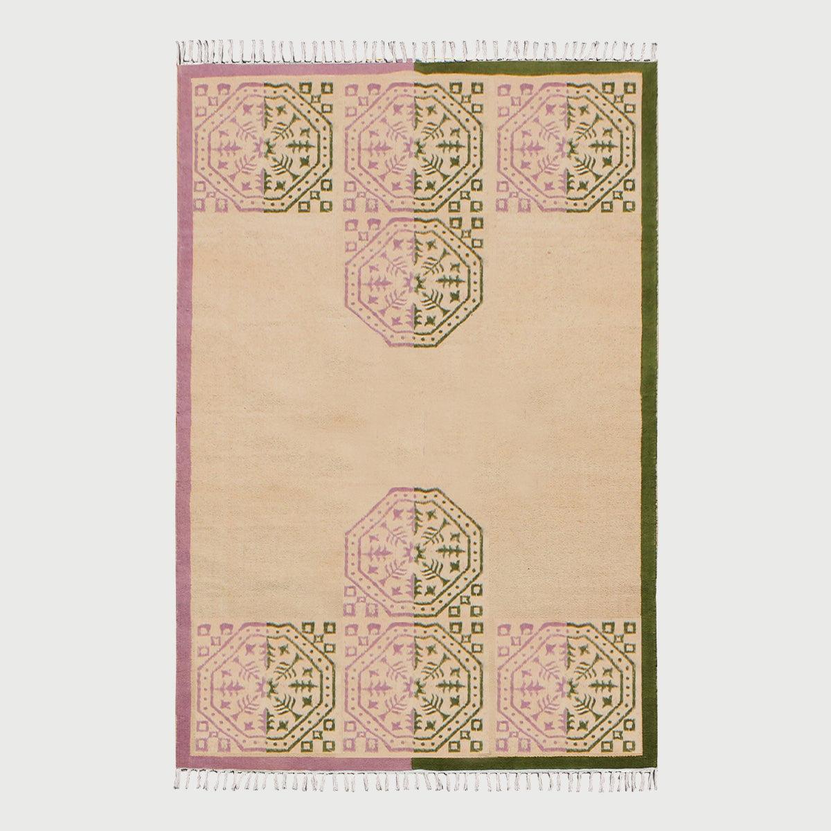 Eco Friendly Thread Work Geometric Green Beige Interior Cotton Dhurries - Indian Rug Store