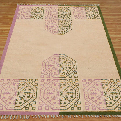 Eco Friendly Thread Work Geometric Green Beige Interior Cotton Dhurries - Indian Rug Store