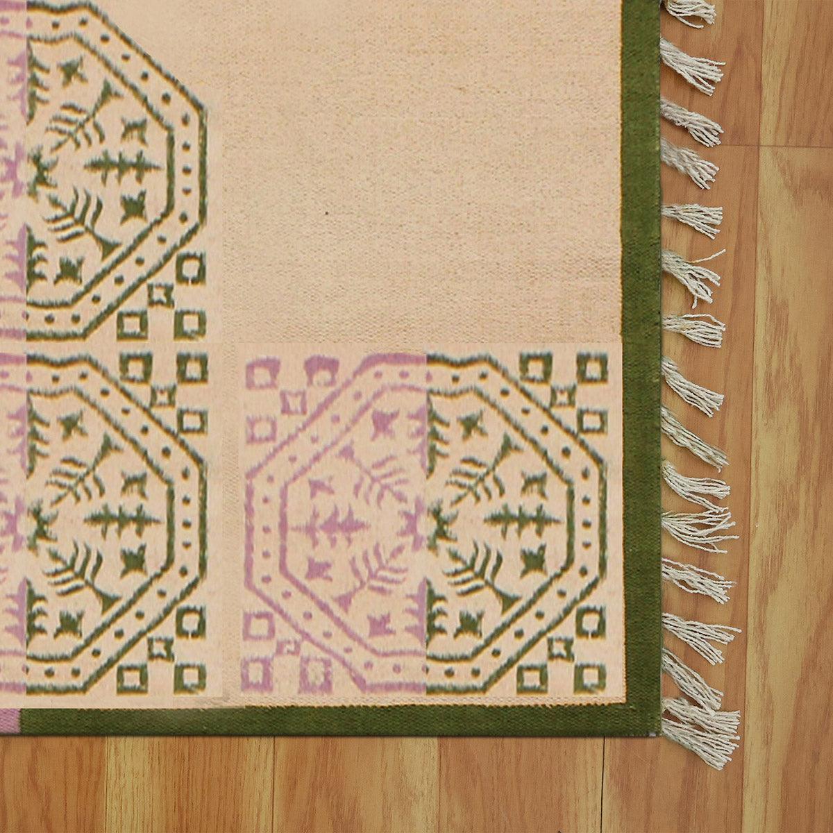 Eco Friendly Thread Work Geometric Green Beige Interior Cotton Dhurries - Indian Rug Store