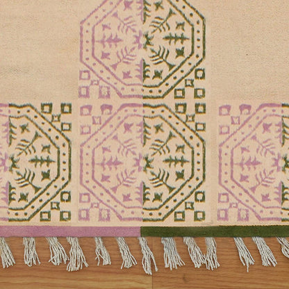 Eco Friendly Thread Work Geometric Green Beige Interior Cotton Dhurries - Indian Rug Store