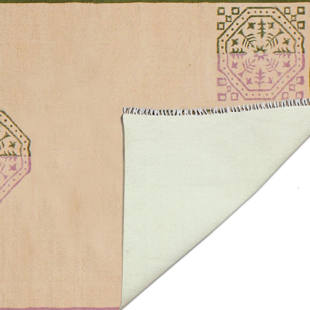 Eco Friendly Thread Work Geometric Green Beige Interior Cotton Dhurries - Indian Rug Store