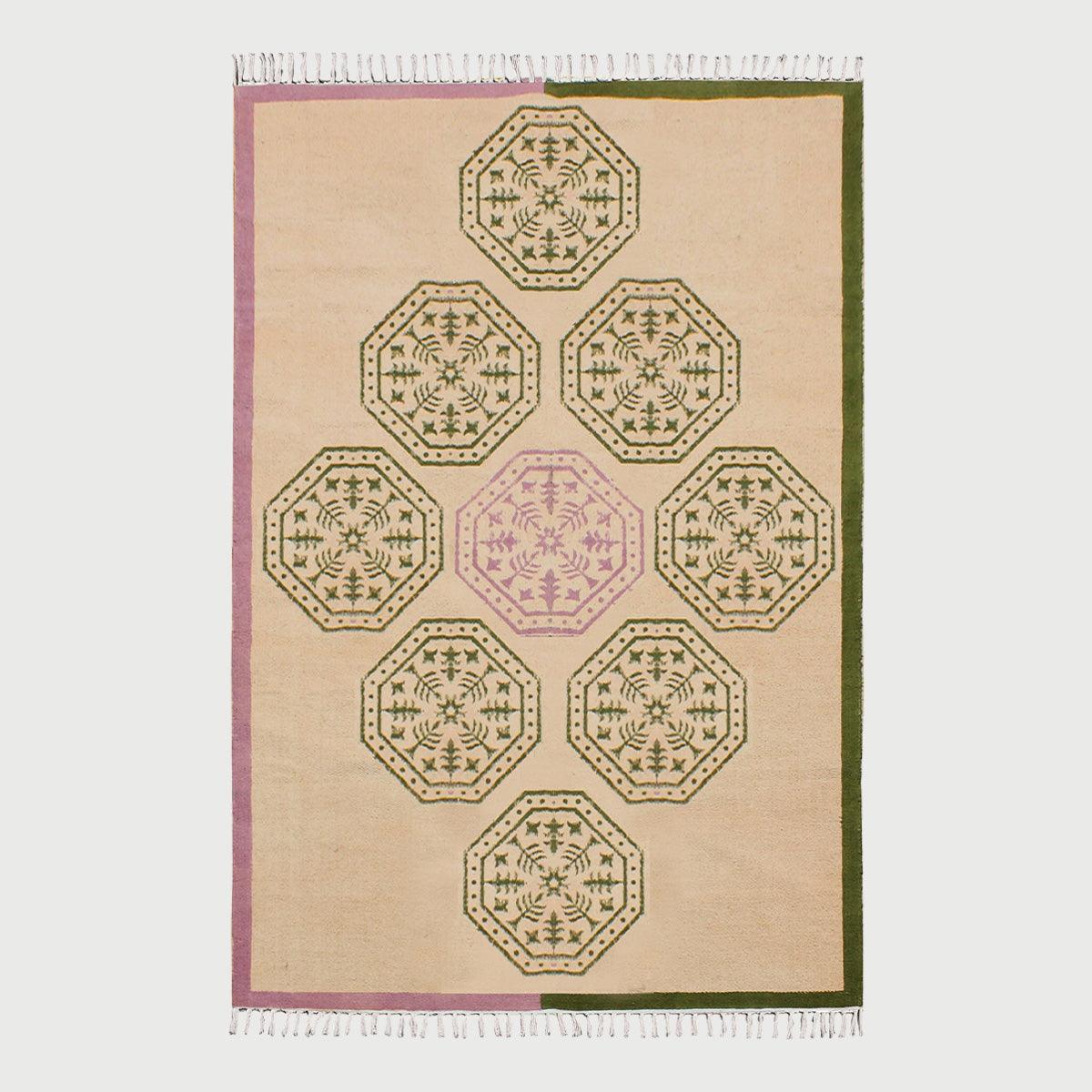 Trendy Thread Work Geometric Green Beige Sea House Cotton Dhurries - Indian Rug Store