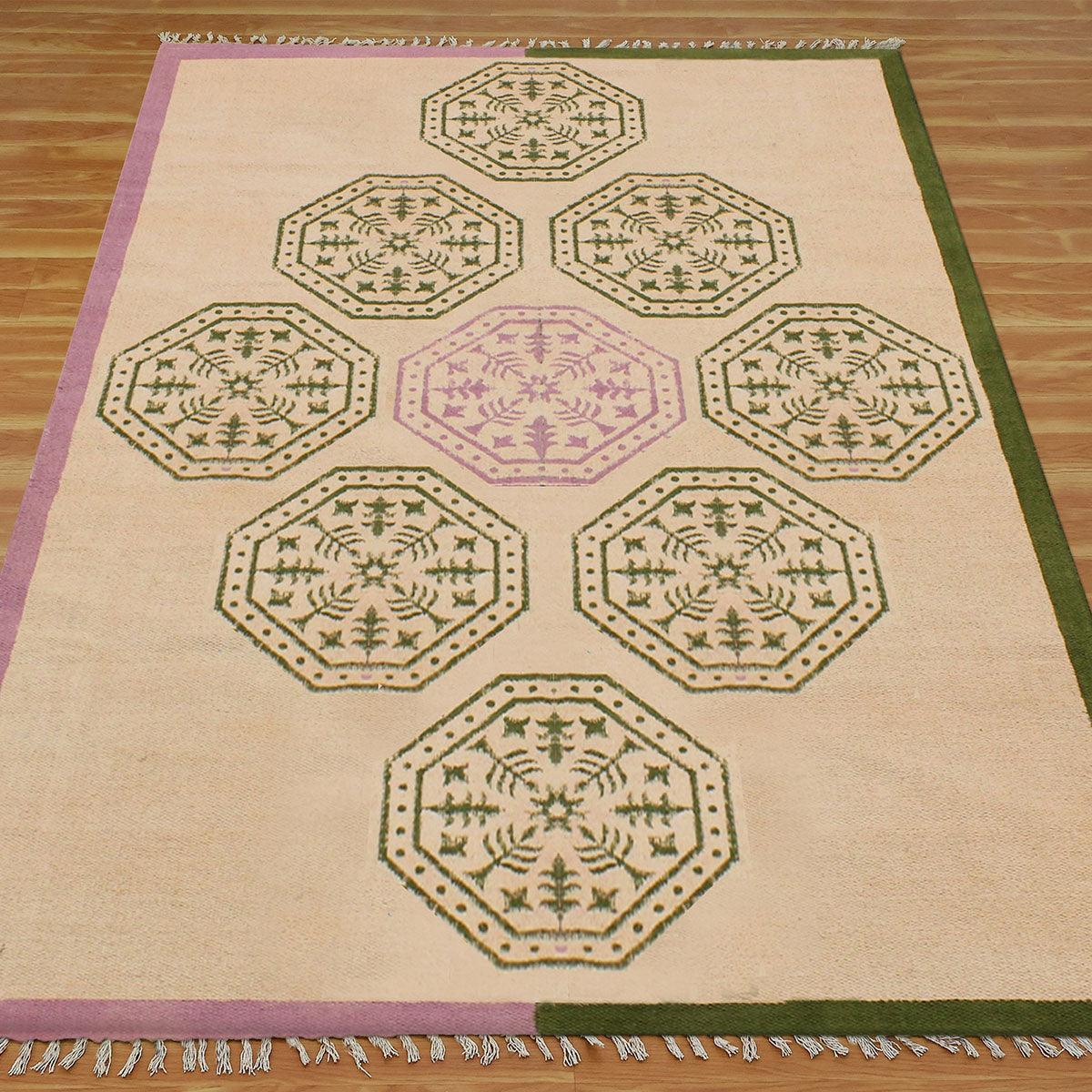 Trendy Thread Work Geometric Green Beige Sea House Cotton Dhurries - Indian Rug Store