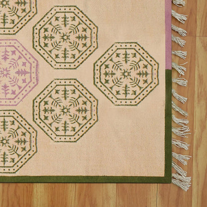 Trendy Thread Work Geometric Green Beige Sea House Cotton Dhurries - Indian Rug Store