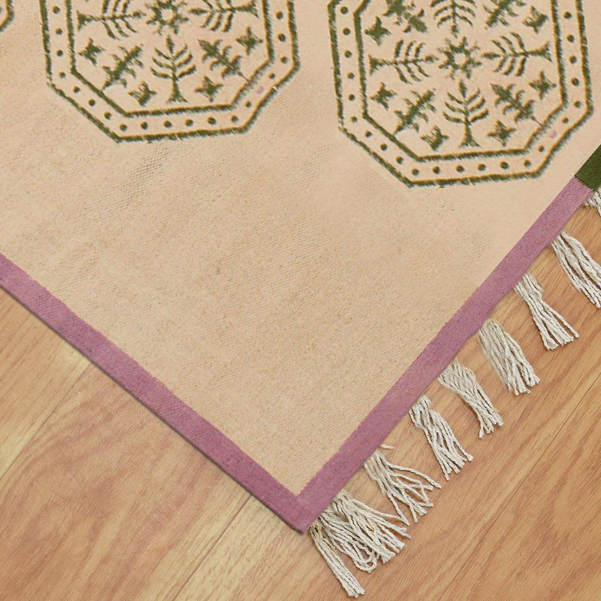 Trendy Thread Work Geometric Green Beige Sea House Cotton Dhurries - Indian Rug Store