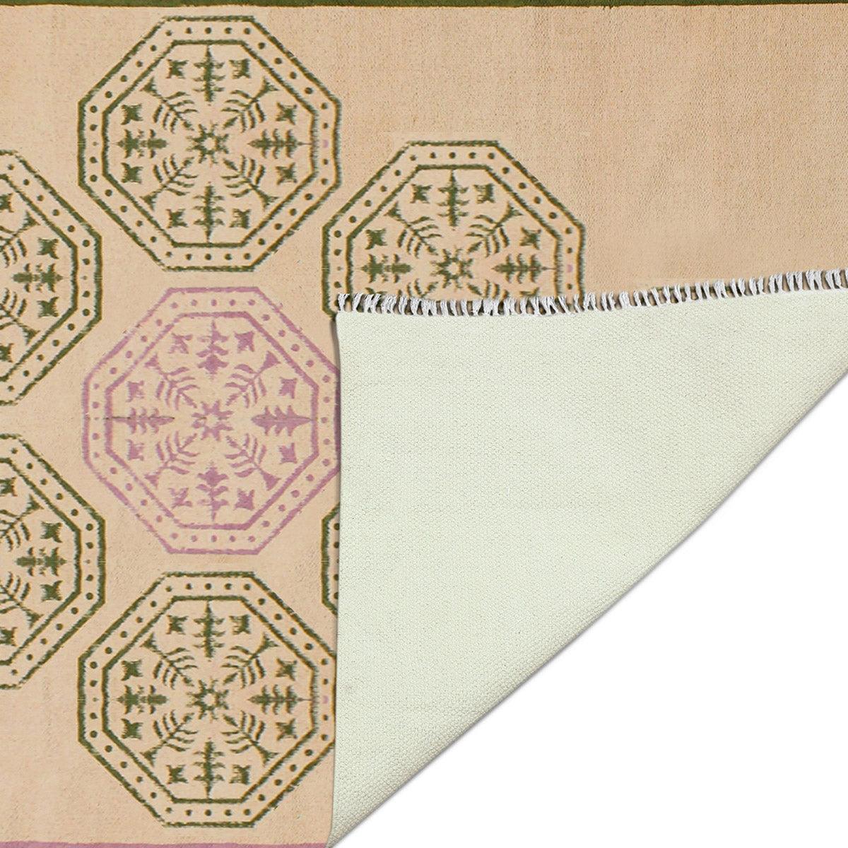 Trendy Thread Work Geometric Green Beige Sea House Cotton Dhurries - Indian Rug Store