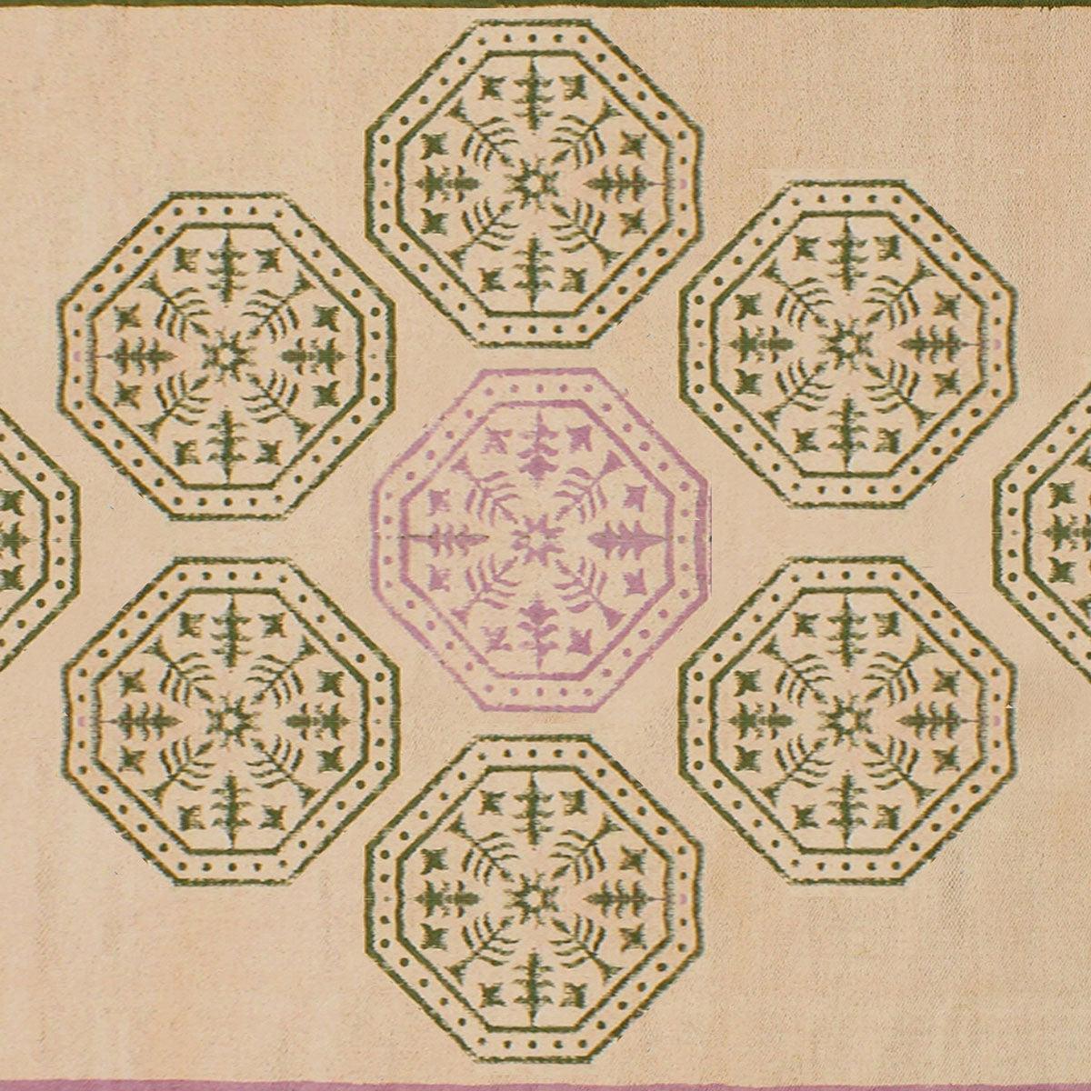 Trendy Thread Work Geometric Green Beige Sea House Cotton Dhurries - Indian Rug Store