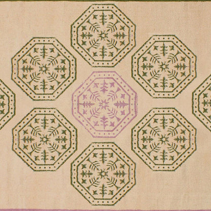 Trendy Thread Work Geometric Green Beige Sea House Cotton Dhurries - Indian Rug Store