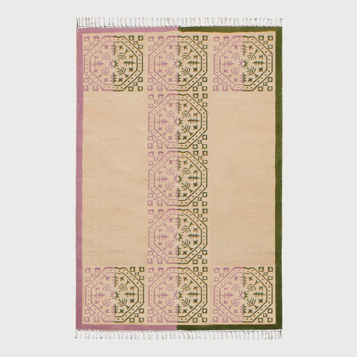 Oriental Thread Work Geometric Green Pink Indoor Cotton Dhurries - Indian Rug Store