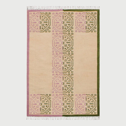 Oriental Thread Work Geometric Green Pink Indoor Cotton Dhurries - Indian Rug Store