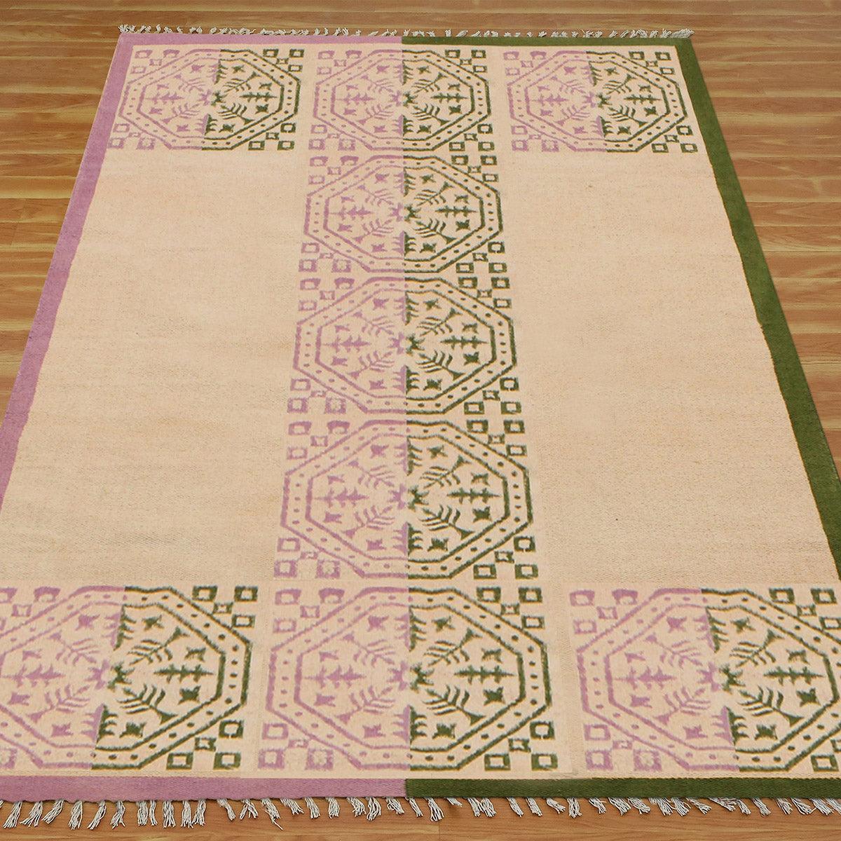 Oriental Thread Work Geometric Green Pink Indoor Cotton Dhurries - Indian Rug Store