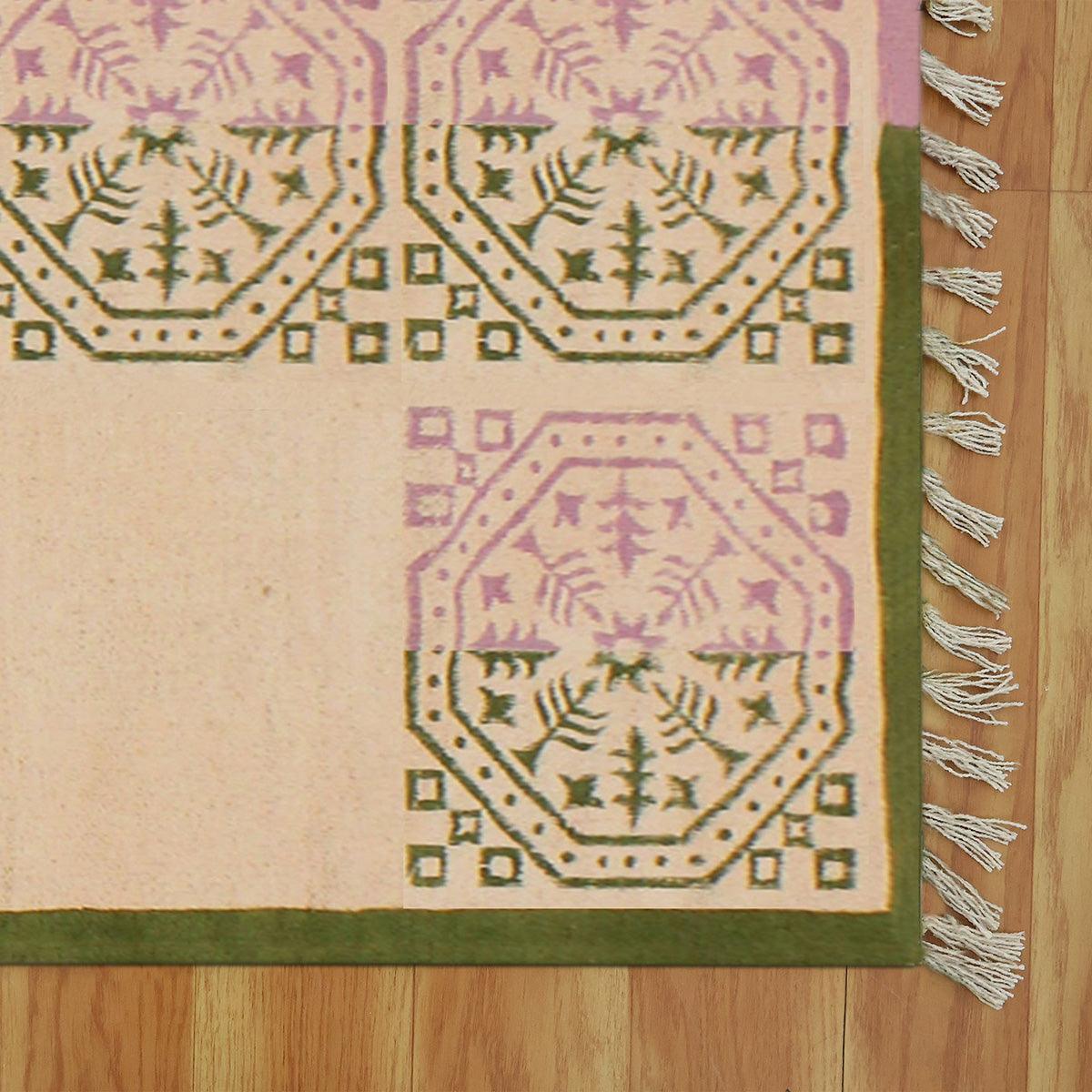 Oriental Thread Work Geometric Green Pink Indoor Cotton Dhurries - Indian Rug Store