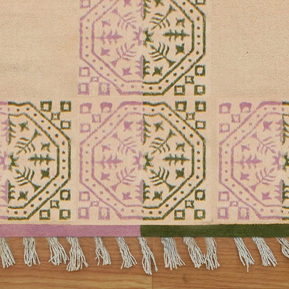 Oriental Thread Work Geometric Green Pink Indoor Cotton Dhurries - Indian Rug Store