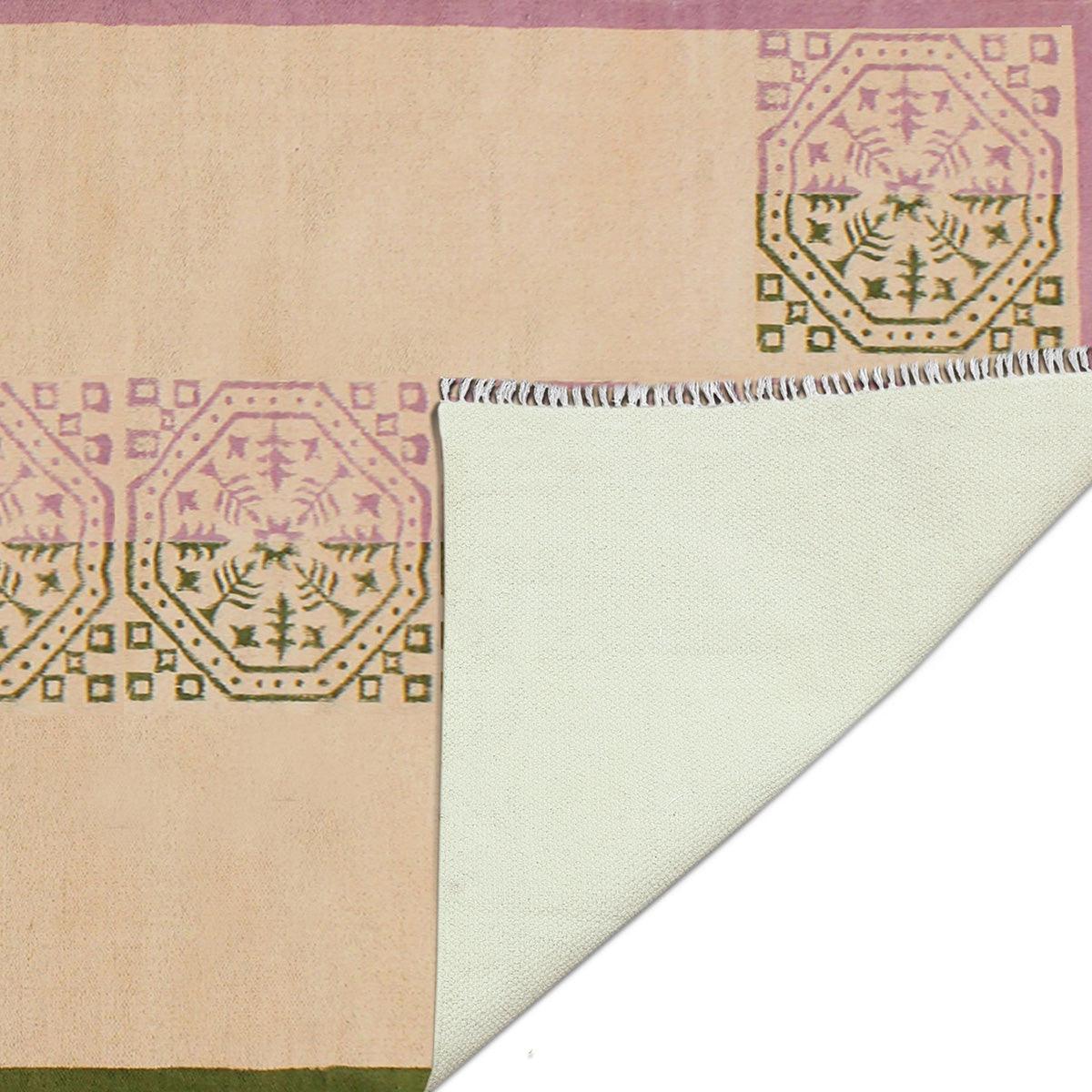 Oriental Thread Work Geometric Green Pink Indoor Cotton Dhurries - Indian Rug Store