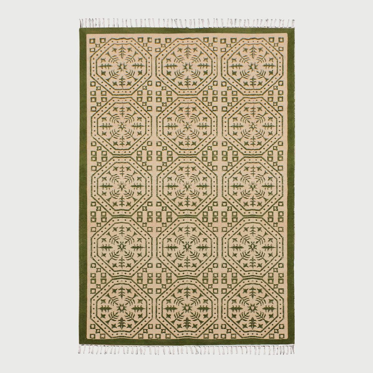 Beautiful Thread Work Geometric Green Beige Interior Cotton Dhurries - Indian Rug Store