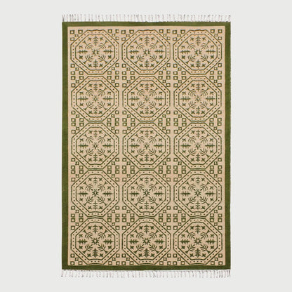 Beautiful Thread Work Geometric Green Beige Interior Cotton Dhurries - Indian Rug Store