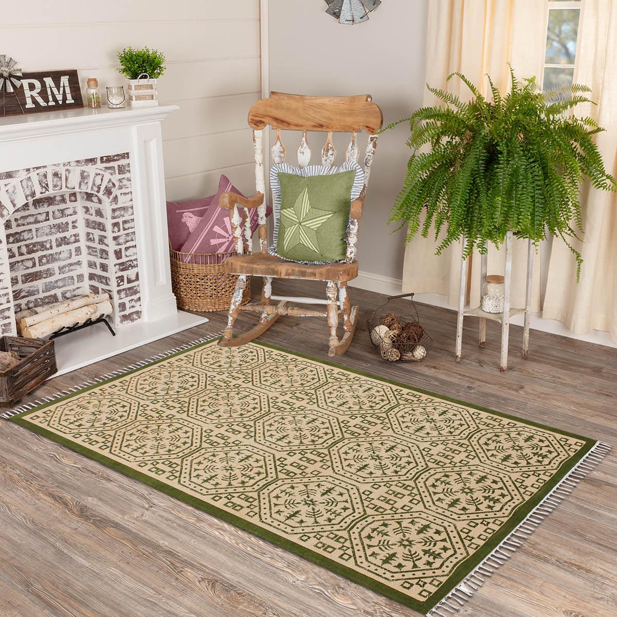 Beautiful Thread Work Geometric Green Beige Interior Cotton Dhurries - Indian Rug Store