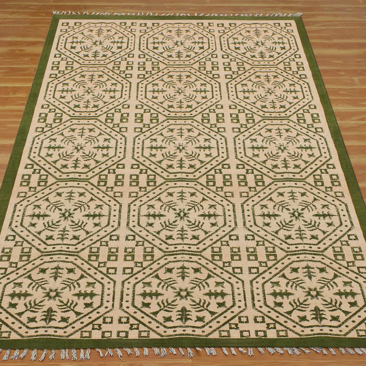 Beautiful Thread Work Geometric Green Beige Interior Cotton Dhurries - Indian Rug Store