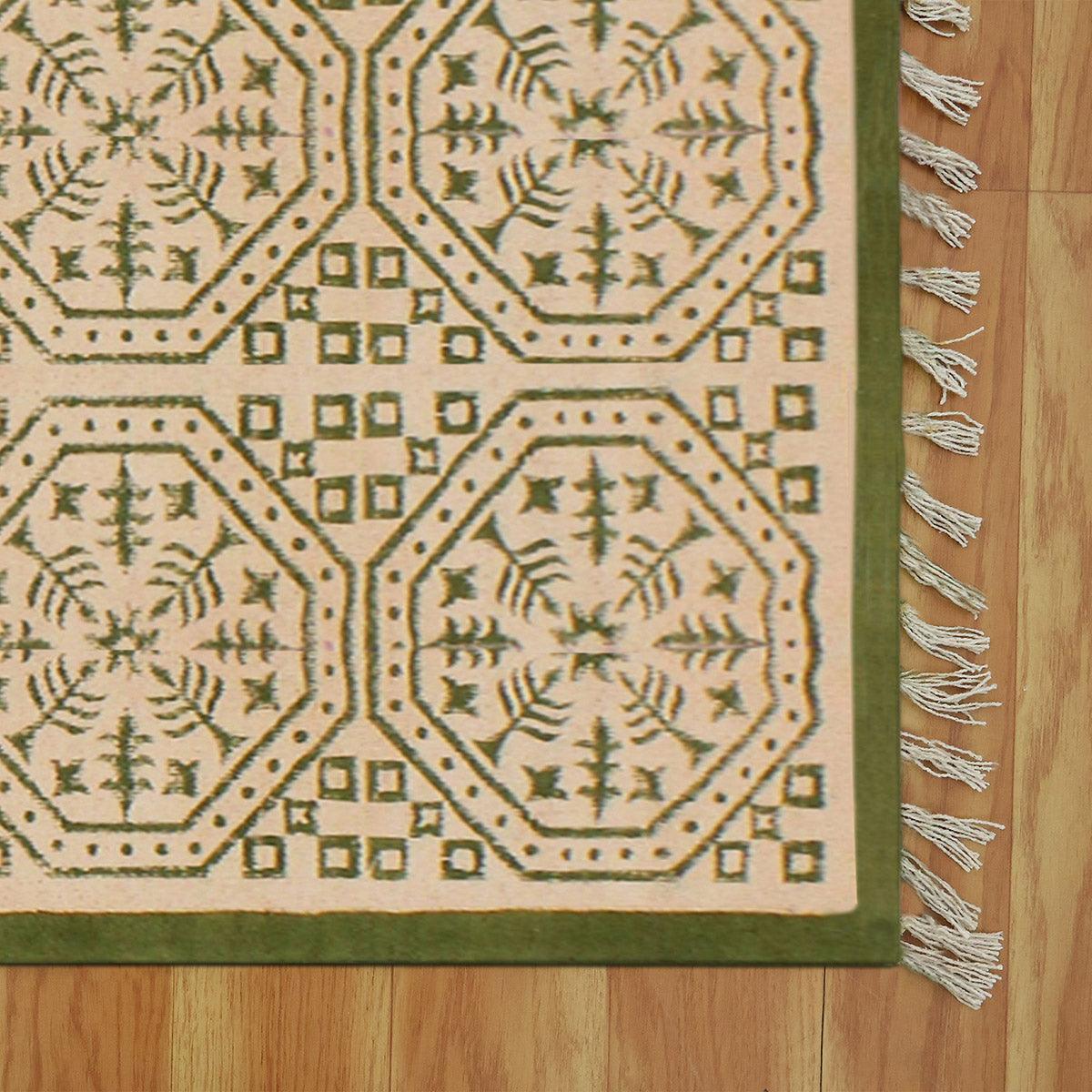 Beautiful Thread Work Geometric Green Beige Interior Cotton Dhurries - Indian Rug Store