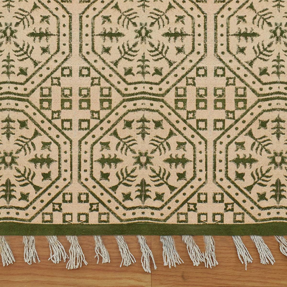 Beautiful Thread Work Geometric Green Beige Interior Cotton Dhurries - Indian Rug Store