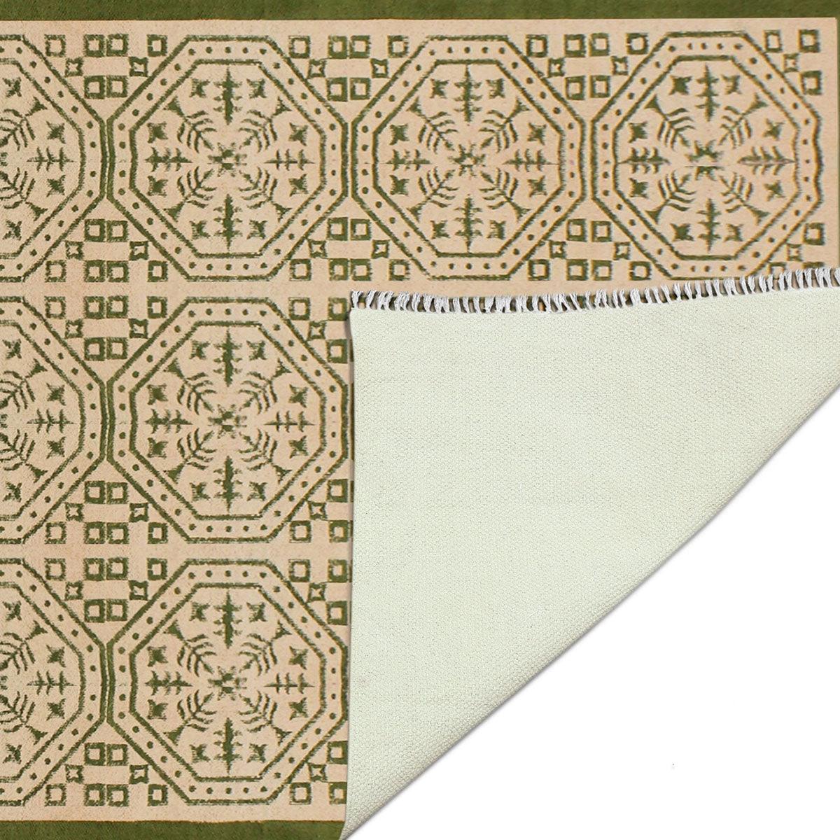 Beautiful Thread Work Geometric Green Beige Interior Cotton Dhurries - Indian Rug Store