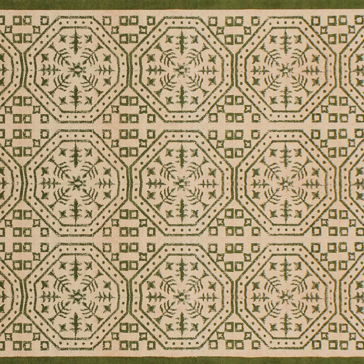 Beautiful Thread Work Geometric Green Beige Interior Cotton Dhurries - Indian Rug Store