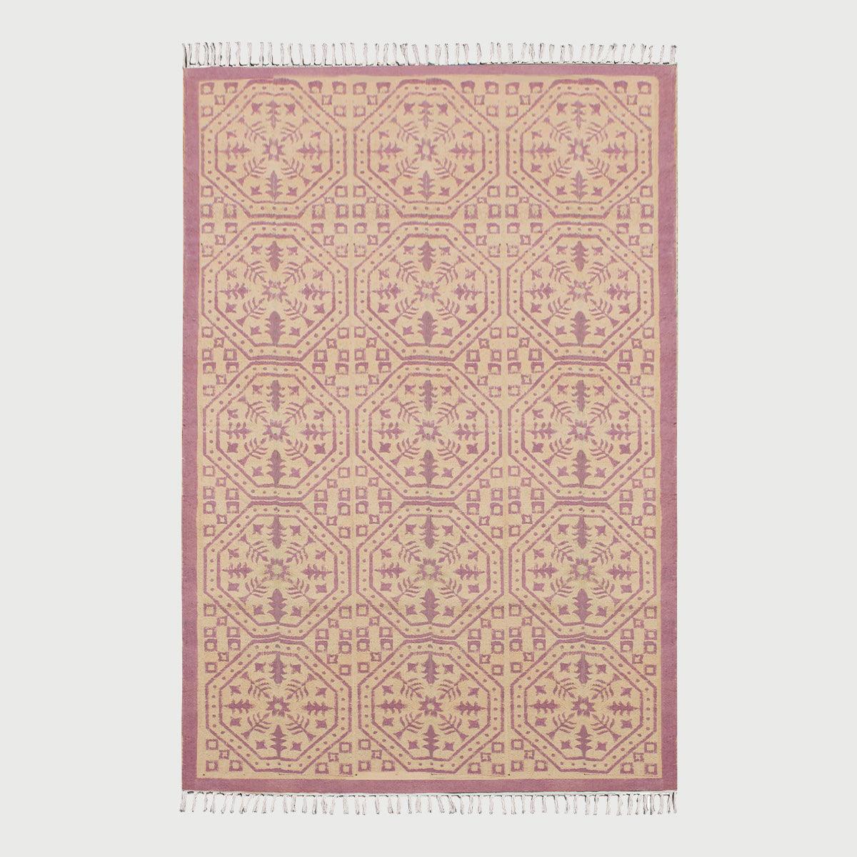 trendy Thread Work Geometric Pink Beige Outdoor Cotton Dhurries - Indian Rug Store